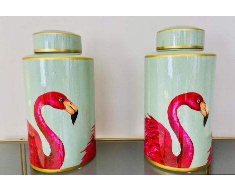 GINGER JARS, pair, 40cm high x 20cm diameter, glazed ceramic, flamingo print design. (2) 