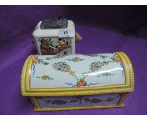 A vintage tea caddy and lidded container in a Henriot Quimper style