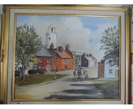 A vintage oil on canvas depicting milk man with horse and cart