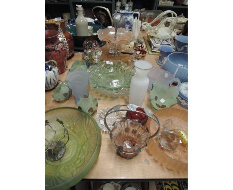 A selection of vintage colour and pressed glass wares including control bubble ruby dish