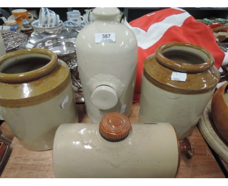 Two salt glazed pots and two ceramic bedwarmers