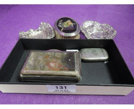 A small selection of HM silver and plated ware including two trinket dishes, a small clothes brush having butterfly wing Japa