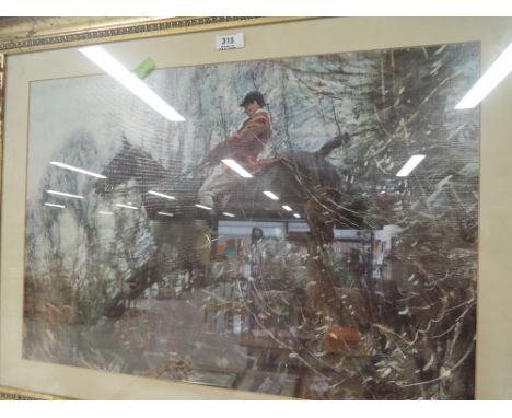 A vintage fox and hunting theme print and original oil on canvas signed R Moseley