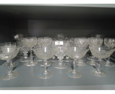 A selection of vintage crystal cut and clear glass wares including Stuart wine goblets