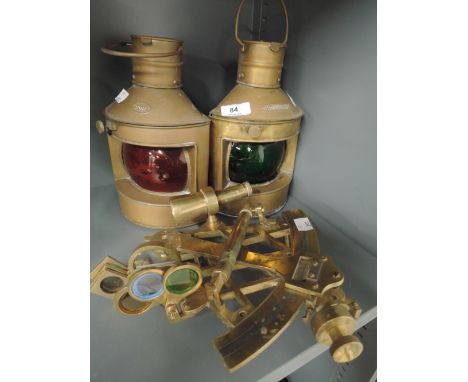 A selection of vintage nautical items including brass Sexton and Starboard and port light 