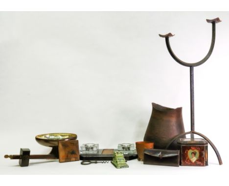 A wrought metal two light pricket type candelabrum, 62cm high, Maples &amp; Sons mortice gauge, framed black and white print,