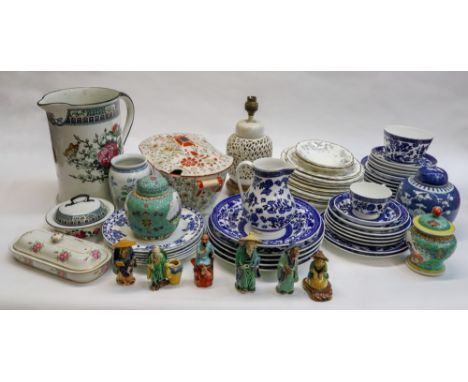 A pair of Chinese blanc de chine reticulated table lamps, 25.5cm high, three ginger jars and a collection of figures, a Coalp