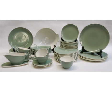 An extensive Poole Pottery celadon green part tea and dinner service, 57 pieces.
