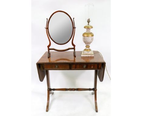 A reproduction Regency style mahogany and crossbanded sofa table, 85cm wide x 50.5cm deep x 78cm high, a George 111 style ova