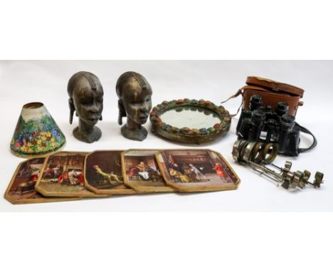 A pair of Zenith 8x30 field glasses and a pair of Hansa 8x30 field glasses, leather binoculars case, a set of table mats, a b