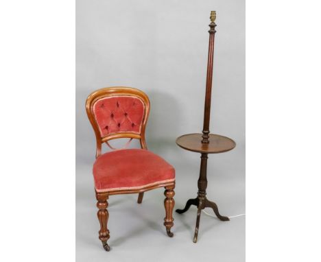 A Victorian mahogany button down upholstered chair, in pink velour, on turned lobed and fluted legs and a mahogany combined s