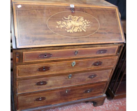 An Edwardian mahogany and inlaid bureau with inlaid fall, four long drawers on bracket feet 95cm wide 