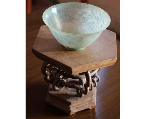 Two Chinese pale green jade bowls and a single stand.