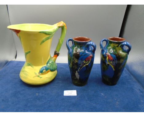 Burleigh ware Kingfisher jug plus 2 pottery vases with parrot design