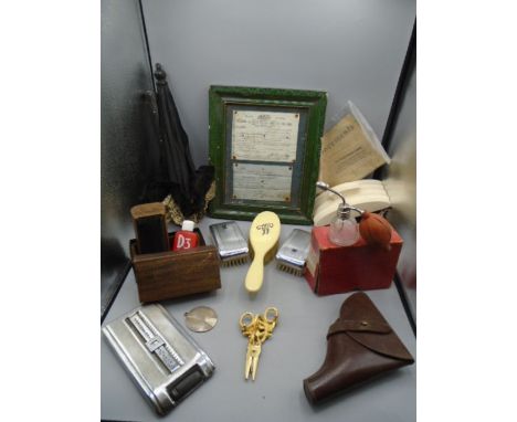 Collectors items to include Antique folding umbrella- material has seen better days, tins, record cleaner, leather holster, e