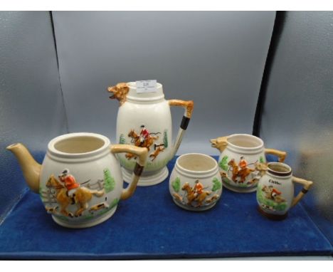 Keele Street pottery hunting themed teapot (no lid), milk jug and sugar bowl plus 2 other hunting themed jug and a Myott part