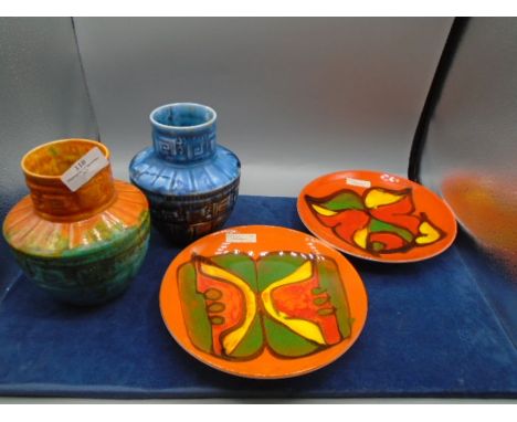 2 Crown Ducal pottery vases plus 2 Poole abstract design plates