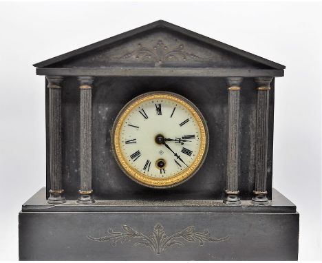 A large late 19th century black slate eight-day mantle clock; the gilded movement signed 'Ansonia, with pendulum, no key 