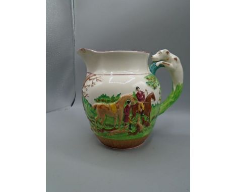 Wedgwood Dye Ken John Peel 1829 hunting scene jug. Hairline crack inside and chip on the spout