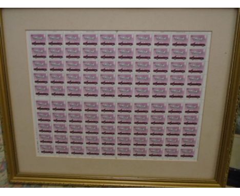 A framed sheet of Rolls Royce stamps, value 29p each (no glass) a vintage ship painting and another print