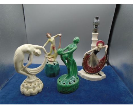 3 vintage art deco period flower frogs plus lamp base