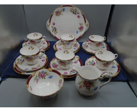 Shelley 'maroon princess' part tea set 6 cups, saucers, plates and a cake plate, milk jug and sugar bowl