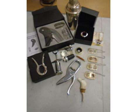 Barware, a ceramic horse bottle stopper, new and boxed corkscrews, wine bottle collars, decanter labels etc