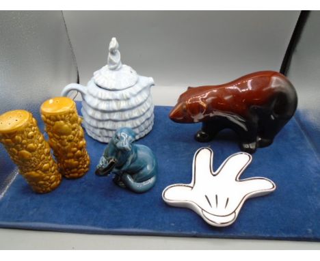 Cartonware s&amp;p pots, Poole pottery seal, Sadler teapot, Mickey Mouse trinket dish and a pottery  bear