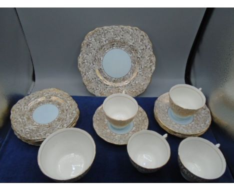 Colclough china part tea service pale blue and gold pattern incls Serving plate, 6 sandwich plates, 4 cups, 5 saucers and sug