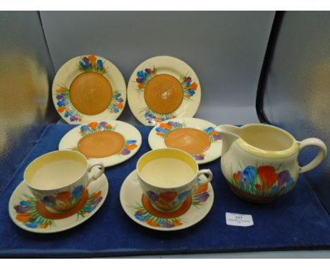 Clarice Cliff Royal Staffordshire/Honeyglaze/Biyanne part tea set in the Crocus design to incl 4 plates in 2 sizes, 2 cups, 2