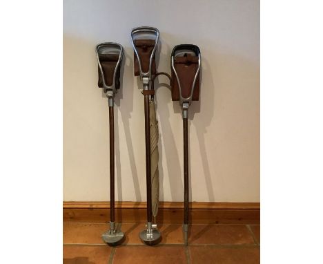 Three aluminium shooting sticks, one with leather seat and slightly bent stick, 33" long, one with leather seat, Featherwate,