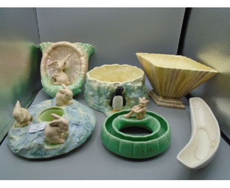 Sylvac collection to incl planter with penguin, round rabbit posy vase 1312, diamond fan vase 898, rabbit wall vase 323, pixi