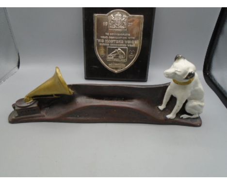 HMV ceramic plaque- stamped and an HMV 25 years commemorative shield/ plaque
