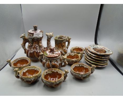 Studio pottery coffee set with animal handles to incl pot, milk jug, sugar bowl with 6 cups and saucers