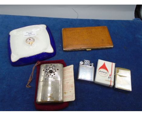 Collection of smoking memorabilia to incl Orlik Sport and Zippo lighters, leatherlite cigarette case, Bass ashtray plus a vin