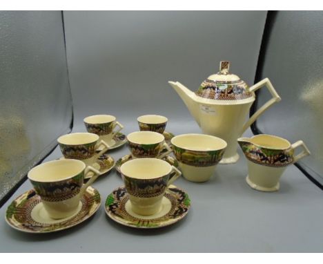 Myott Son &amp; Co Englands Countryside art deco coffee set incls pot, sugar bowl, cream jug, 6 cups and 6 saucers