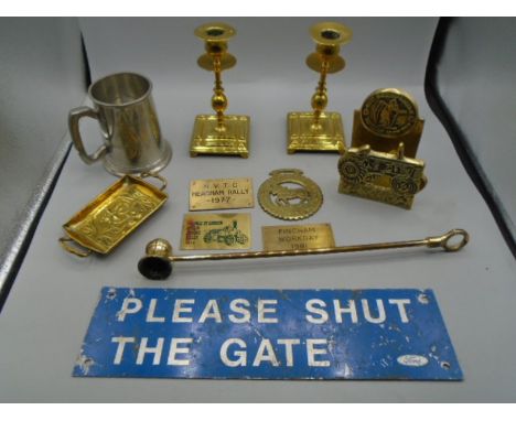 Brass tractor letter holder, shut the gate sign, horse brasses, candlesticks etc