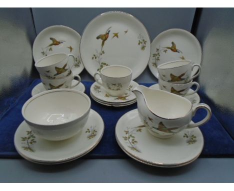 Alfred Meakin pheasants part tea set- 5 cups and saucers, 6 cake plates and a cake serving plates and colclough ivy 6 plates,