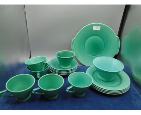 Royal Cauldon art deco green glazed part tea service incls 6 cups and saucer, sugar bowl, 4 side plates and sandwich plate