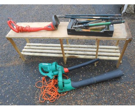 Bosch leaf blower, flymo strimmer, greenhouse bench and box of garden tools including axe, shears etc