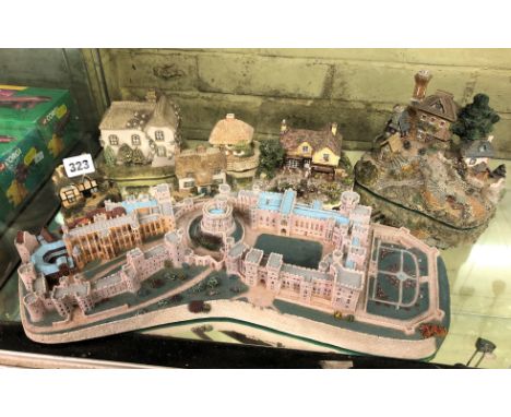 SHELF OF DANBURY MINT WINDSOR CASTLE MODEL AND VARIOUS OTHER COTTAGE MODELS 
