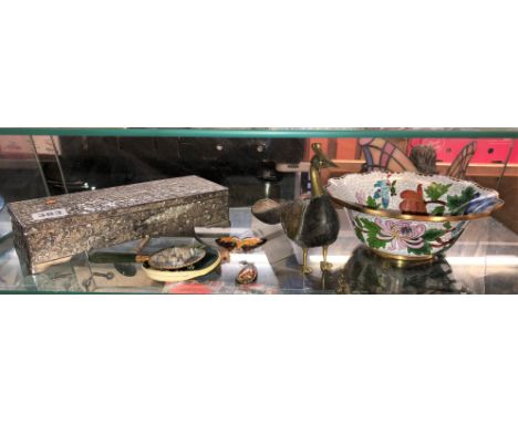 CLOISSONE ENAMEL DECORATIVE BOWL, EASTERN METALWORK AND WOOD PEACOCK, OBLONG JEWELLERY BOX AND SEMI PRECIOUS STONE BACKED MIN