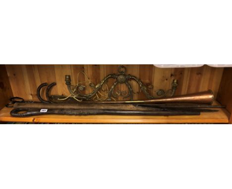 COPPER POSTING HORN, TWO WALKING CANES, BILL HOOK AND A CARVED AFRICAN STICK
