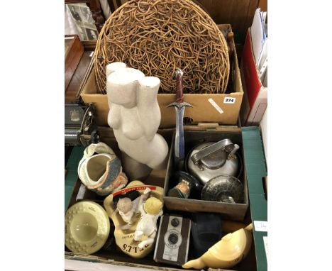 BOX CONTAINING CARVED WOODEN BOWLS, WICKER WORK BASKET, VINTAGE LAMP AND A CARTON CONTAINING BISCUIT PIANO BABIES, RESIN MOLD
