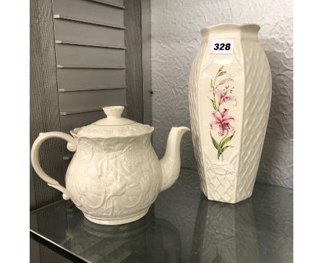 BELLEEK CREAM WARE SERENITY TEAPOT AND BELLEEK COUNTRY TRELLIS  TEN INCH VASE