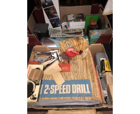 TWO BOXES OF MISCELLANEOUS IRONMONGERY, DRILL, CORDLESS SHRUB SHEAR, INSPECTION LIGHT