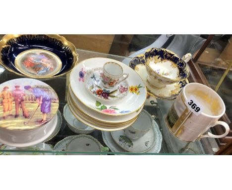 SHELF OF VICTORIAN MINIATURE CUP AND SAUCER, ROYAL CROWN DERBY DEWSBURY SAUCERS, 19TH CENTURY ROYAL BLUE GILDED TEA CUP AND S