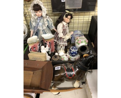 TWO PORCELAIN HEADED DOLLS, SPITFIRE COMMEMORATIVE MANTLE CLOCK, FOUR CIGARETTE CARD ALBUMS AND VARIOUS OTHER CERAMICS, HORSE