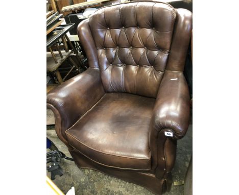 BROWN BUTTON BACK LEATHER SWIVEL ARMCHAIR 