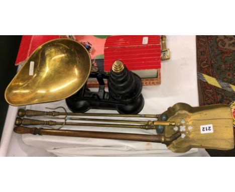 SALTER SCALES AND WEIGHTS, BRASS FIRE TOOLS AND SPRAY PUMP
